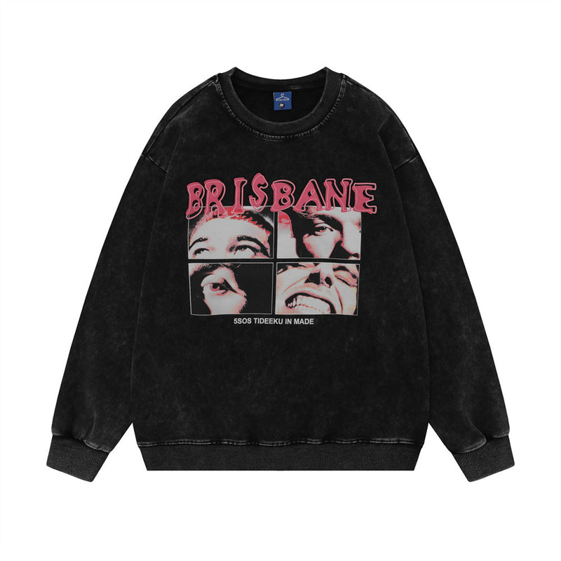 Men Hoodie round Neck Sweater Autumn Loose Wash Distressed Long Sleeve Men