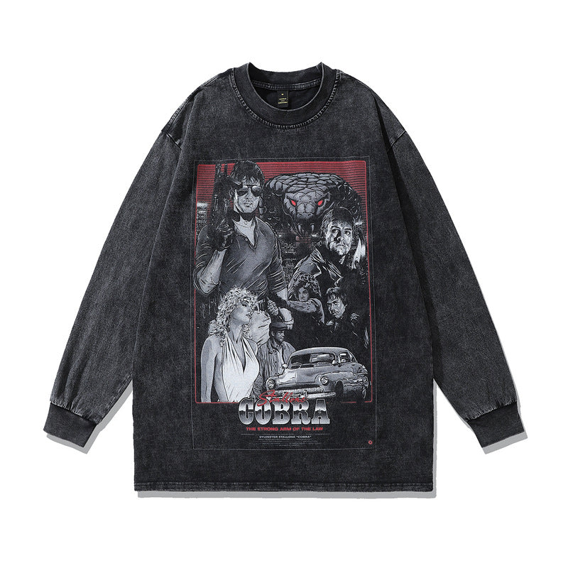 Men Long Sleeve Shirt Portrait Printing Washed and Worn T-shirt with Long Sleeves Hoodie Men and Women