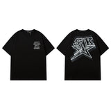Men T Shirt Five-Pointed Star Letter Print Couple Half Sleeve T-shirt Vintage Distressed Short Sleeve