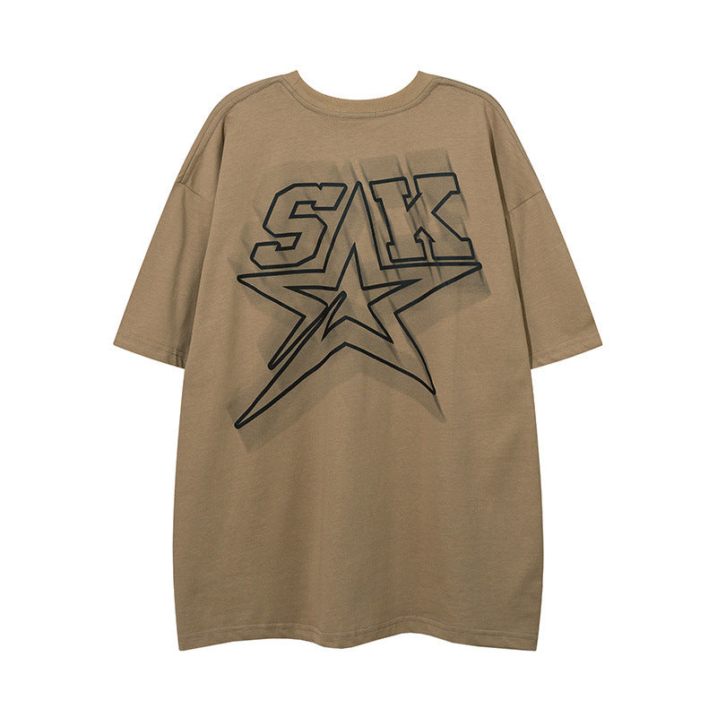 Men T Shirt Five-Pointed Star Letter Print Couple Half Sleeve T-shirt Vintage Distressed Short Sleeve