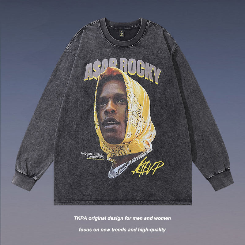 Men Long Sleeve Shirt West Coast Rocky Printed Washed and Worn Long Sleeve Bottoming T-shirt Men and Women