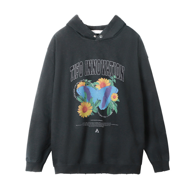Men Hoodie Washed and Worn Hooded Sweater Men's Loose Plant Flower Print
