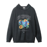 Men Hoodie Washed and Worn Hooded Sweater Men's Loose Plant Flower Print