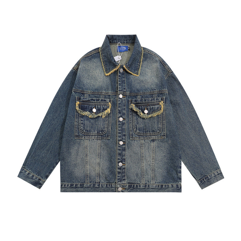 Men Denim Jacket Vintage Denim Clothing Men's Cat Washed Lapel Jacket