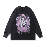 Men Long Sleeve Shirt Retro Washed Distressed Long Sleeve T-shirt Men's Ins Loose Couple