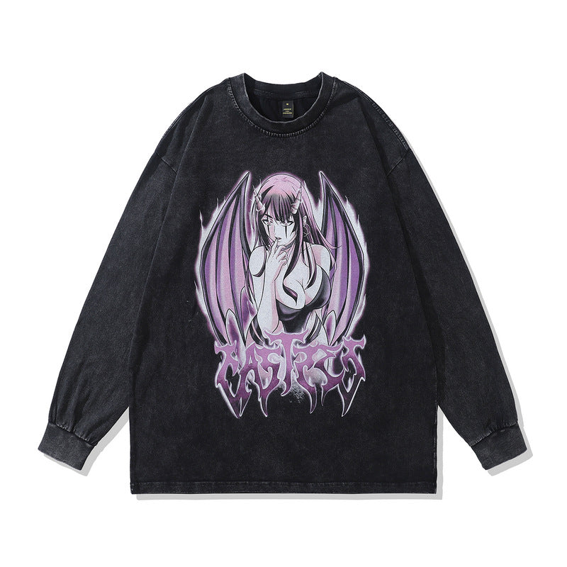 Men Long Sleeve Shirt Vintage Washed and Worn Anime Print Long Sleeve T-shirt for Men and Women