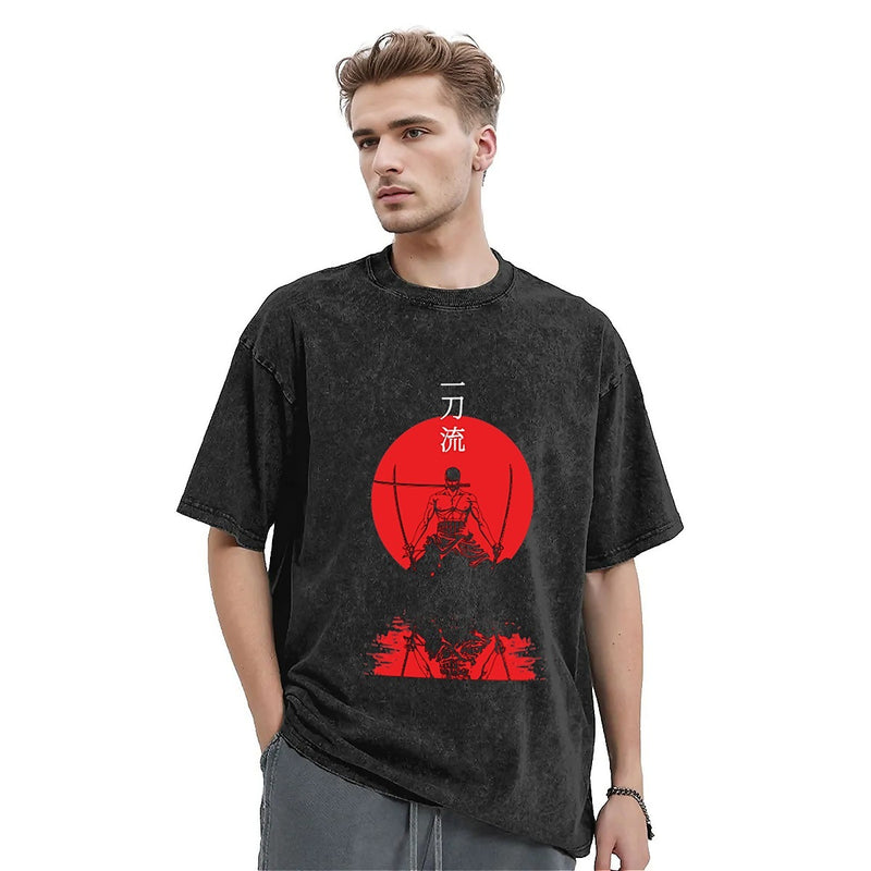 Roronoa Zoro Washed T-Shirt Men Santoryu Zoro Y2K Funny Cott