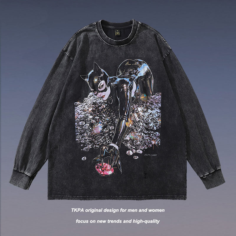 Men's Long Sleeve Shirt Printed Washed Long Sleeve Vintage T-shirt Men's Retro Distressed