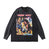 Men Long Sleeve Shirt Cartoon Printed Washed and Worn Long Sleeve T-shirt Men and Women Hip Hop