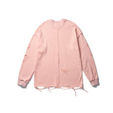 Men Hoodie Vibe Style Solid Color Simple Ripped Sweater Long Sleeve Loose round Neck Pullover Bottoming Shirt