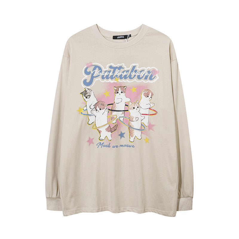 Men Long Sleeve Shirt Dopamine Cartoon Printed Lovers Wild Long Sleeve T-shirt for Men and Women