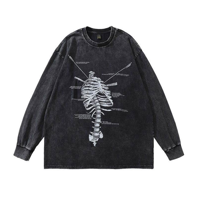 Men's Long Sleeve Shirt Skull Print Washed Long Sleeve Bottoming T-shirt Men's Loose All-Match