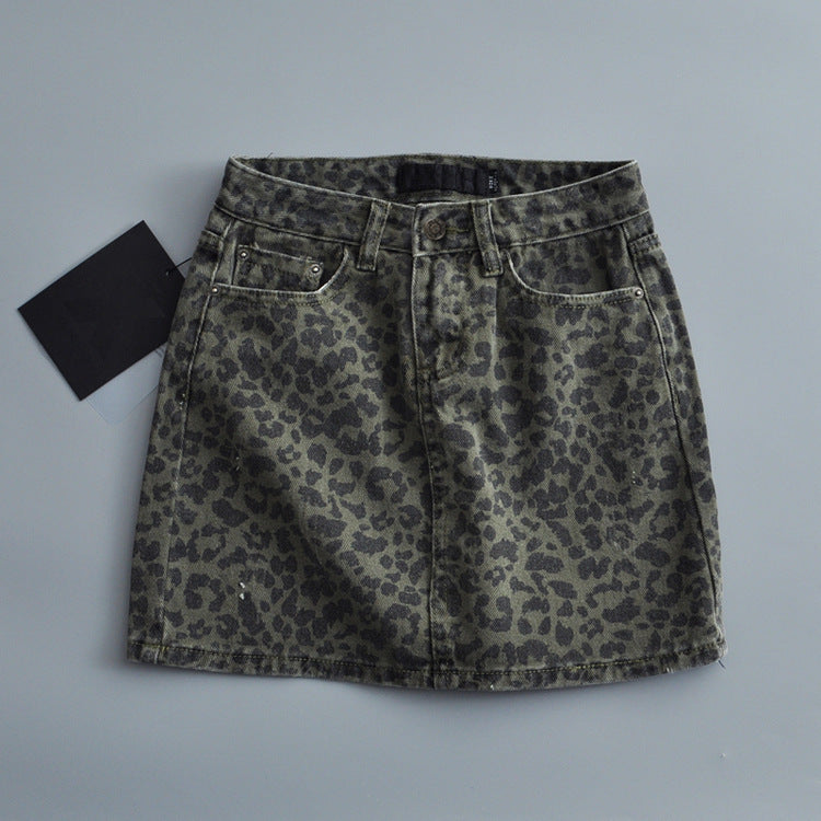 Women Skirt Autumn Vintage Leopard Print Denim Skirt Skirt
