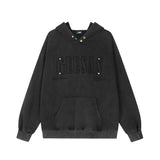 Men Hoodie Washed and Worn Embroidered Letter Hooded Sweater