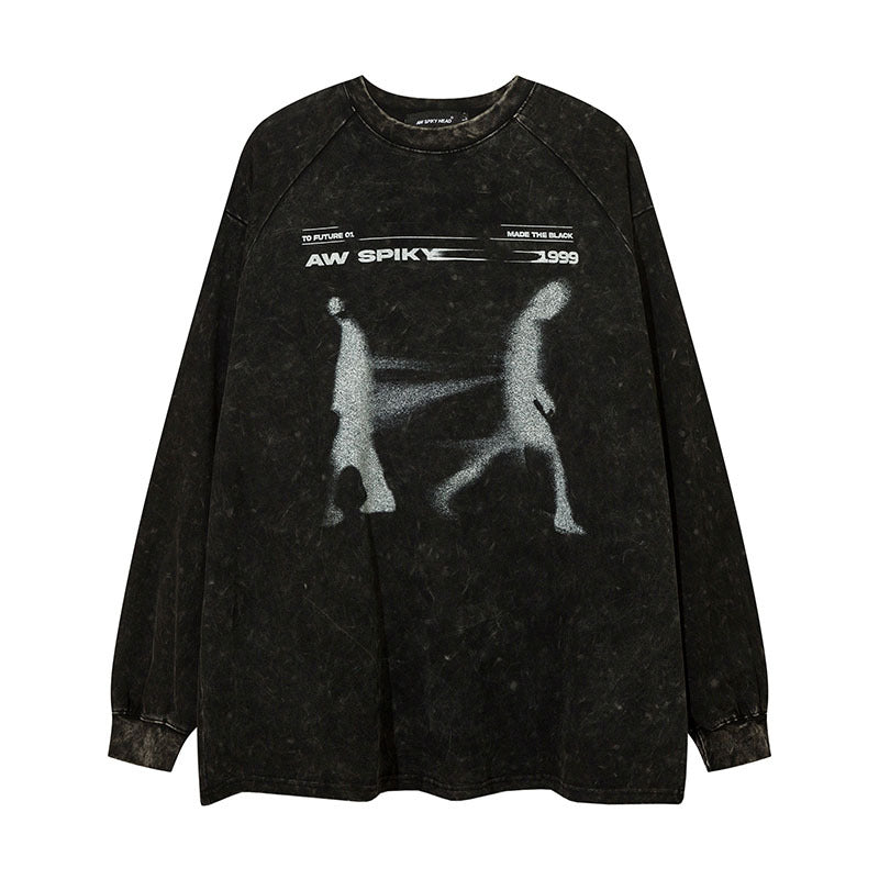 Men Long Sleeve Shirt Fashion Brand Distressed Printed Long Sleeve T-shirt Men and Women Hiphop Street Retro