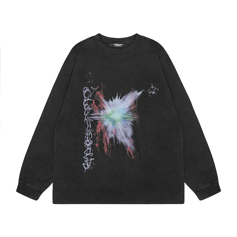 Men Long Sleeve Shirt Graffiti Printing Casual Couple Washed Long Sleeve T-shirt Men and Women