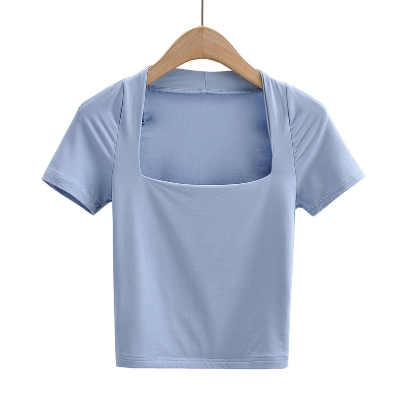 Women T-Shirt T-shirt Summer Short Sleeve Solid Color Short Slim Fit