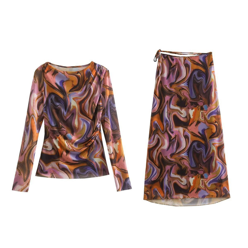 Women Skirt Autumn Printed Long Sleeve T-shirt Skirt Suit
