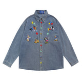 Men Long Sleeved T Shirt Embroidered Mickey Donald Duck Long Sleeve Shirt Men's Ins Trendy Denim Jacket