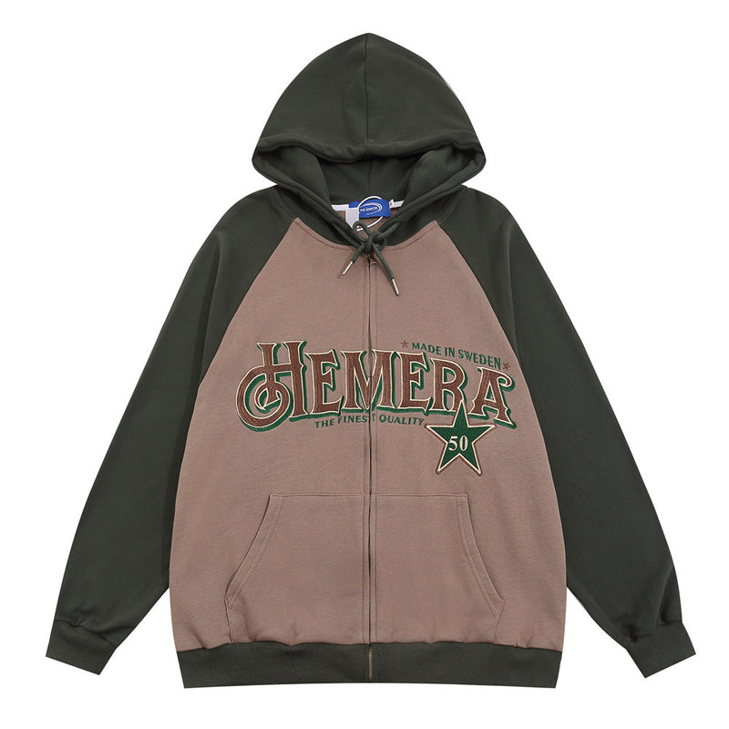 Men Hoodie Color-Block Raglan Sleeves Hooded Jacket Men's Loose Letters