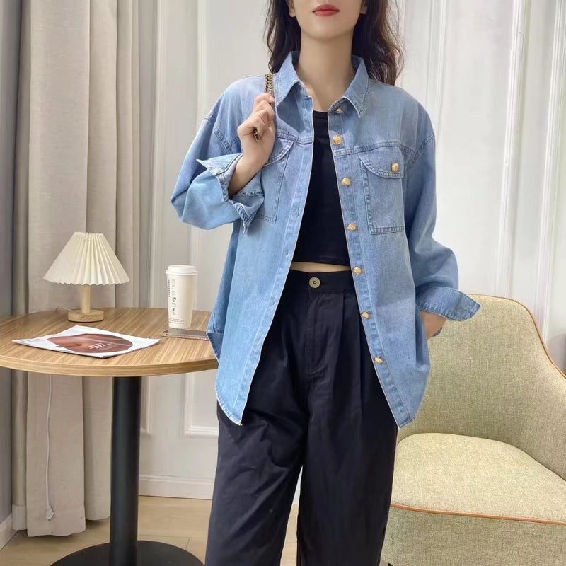 Women T-shirt Denim Shirt Women's Long Sleeve Spring Loose