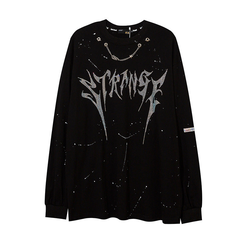 Men Long Sleeve Shirt Hot Drilling plus Velvet Black round Neck Sweater for Men and Women Loose Retro