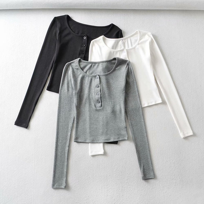Women T-Shirt Button round Neck Long Sleeve T-shirt Women's Short