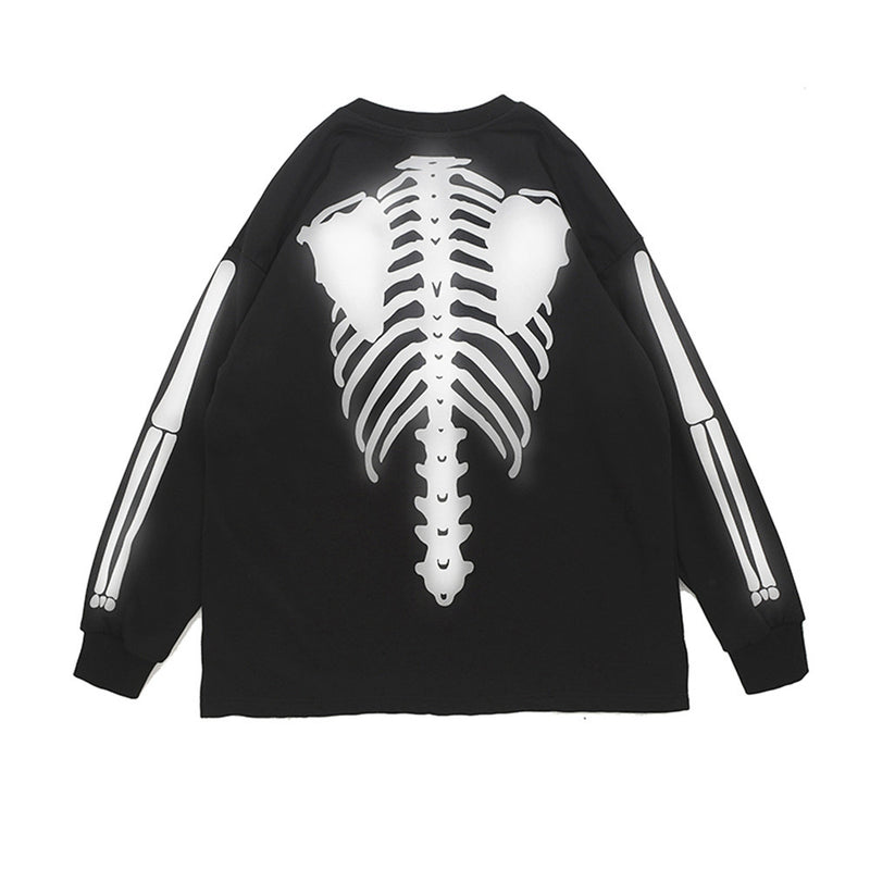 Men Hoodie Dark Style Skeleton Reflective Printed Sweater Men's Loose round Neck Long Sleeve