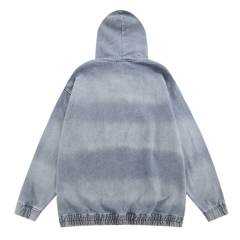 Men Denim Jacket Striped Hooded Denim Jacket Men's Loose Distressed Washed Tie-Dyed Denim Jacket