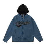 Men Denim Jacket Stitching Contrast Color Hooded Denim Coat Men's Clothing Spring and Autumn Embroidery Letters