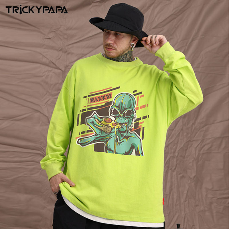 Men Long Sleeve Shirt Alien Printed Long Sleeve T-shirt Men's Loose round Neck Couple