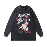 Men Long Sleeve Shirt Anime Print Washed and Worn T-shirt with Long Sleeves Hoodie Men and Women