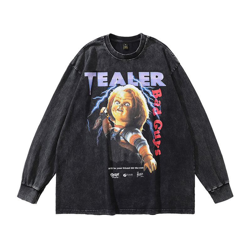 Men Long Sleeve Shirt Printed Vintage Hip Hop Retro Style Washed round Neck Long Sleeve Bottoming T-shirt