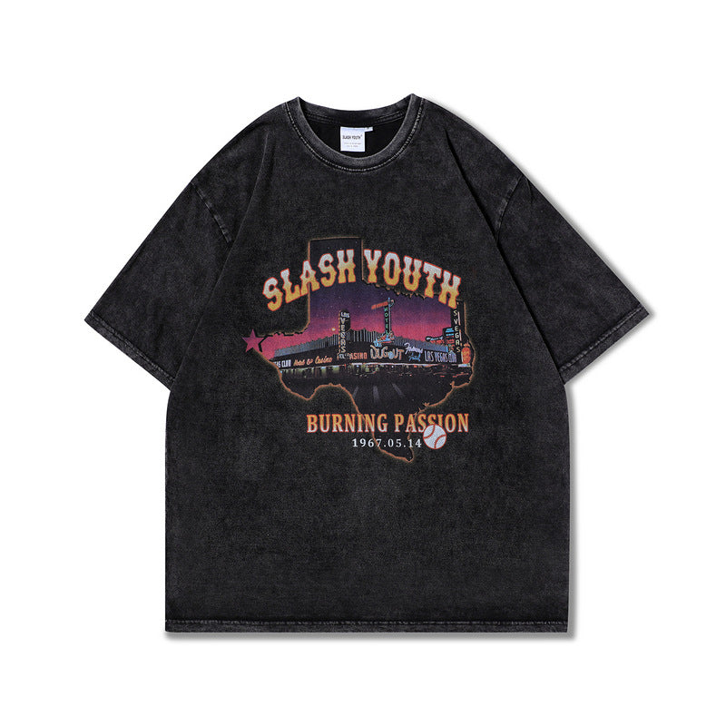 Men T Shirt Vintage Washed and Worn Casual Short Sleeve T-shirt