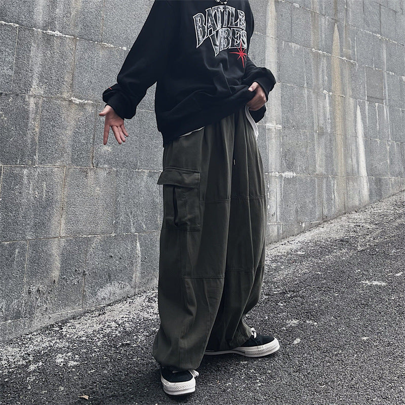 Men Sweatpants Straight Loose-Fitting Wide-Leg Trousers Drawstring Drape Ankle Banded Pants
