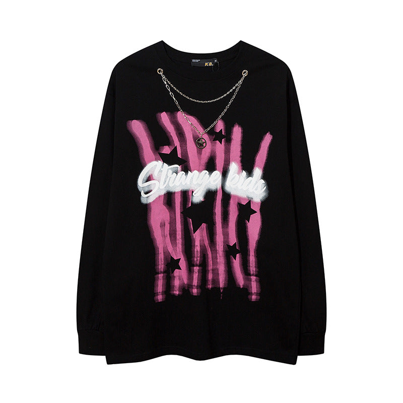 Men Long Sleeve Shirt Graffiti Necklace Personalized Couple Long Sleeve T-shirt Bottoming Men and Women