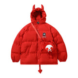Men Cotton Mixed Jacket Coat Little Devil Hooded Cotton Jacket Male Winter Loose Cotton Jacket Coat