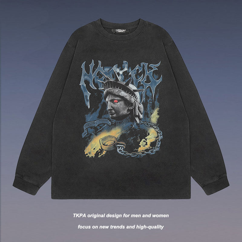 Men Long Sleeve Shirt Printed Autumn and Winter Washed Long Sleeve Bottoming T-shirt for Men and Women