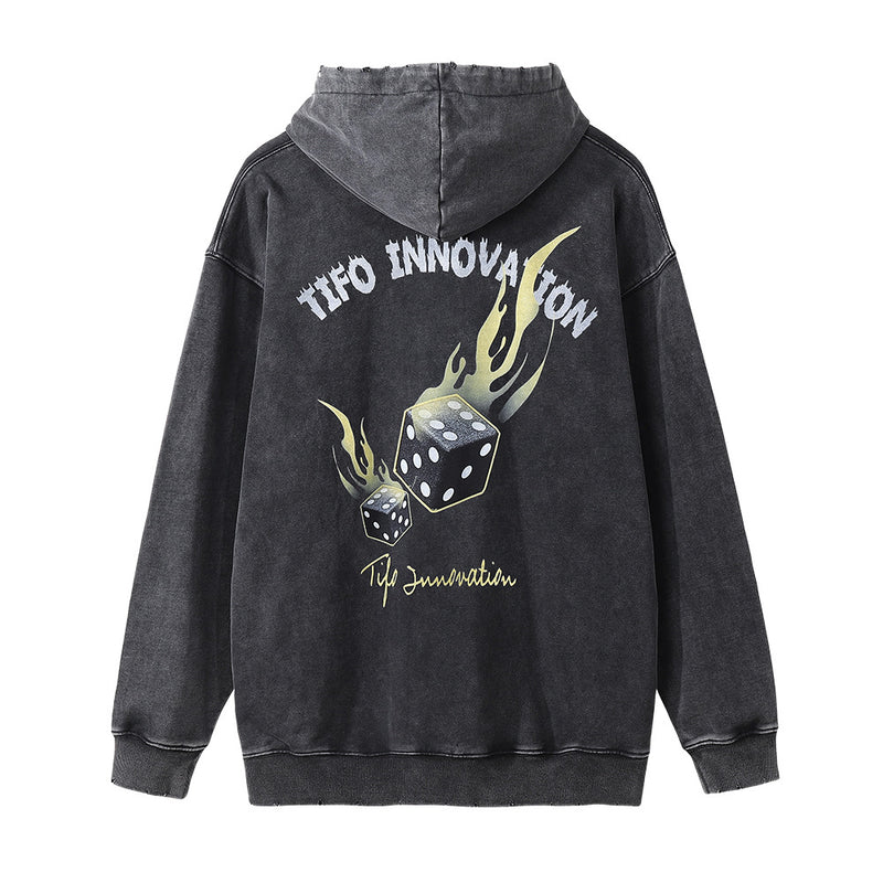 Men Hoodie Flame Print Distressed Washed Hooded Hoodie Pullover Sports Hoodie for Men