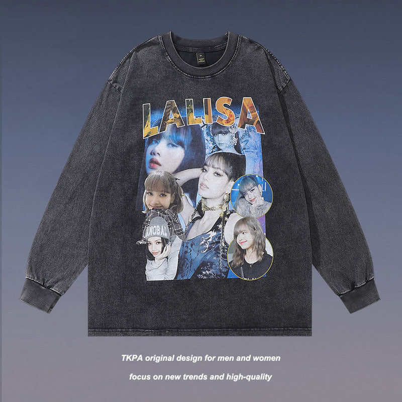 Men Long Sleeve Shirt Vintage Washed and Worn Long Sleeve T-shirt for Men and Women