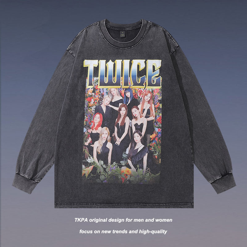 Men Long Sleeve Shirt Women's Team Portrait Printing Distressed Long Sleeve T-shirt Men and Women Retro
