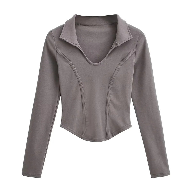 Women T-shirt High Waist Short T-shirt Female Autumn Long-Sleeved Top
