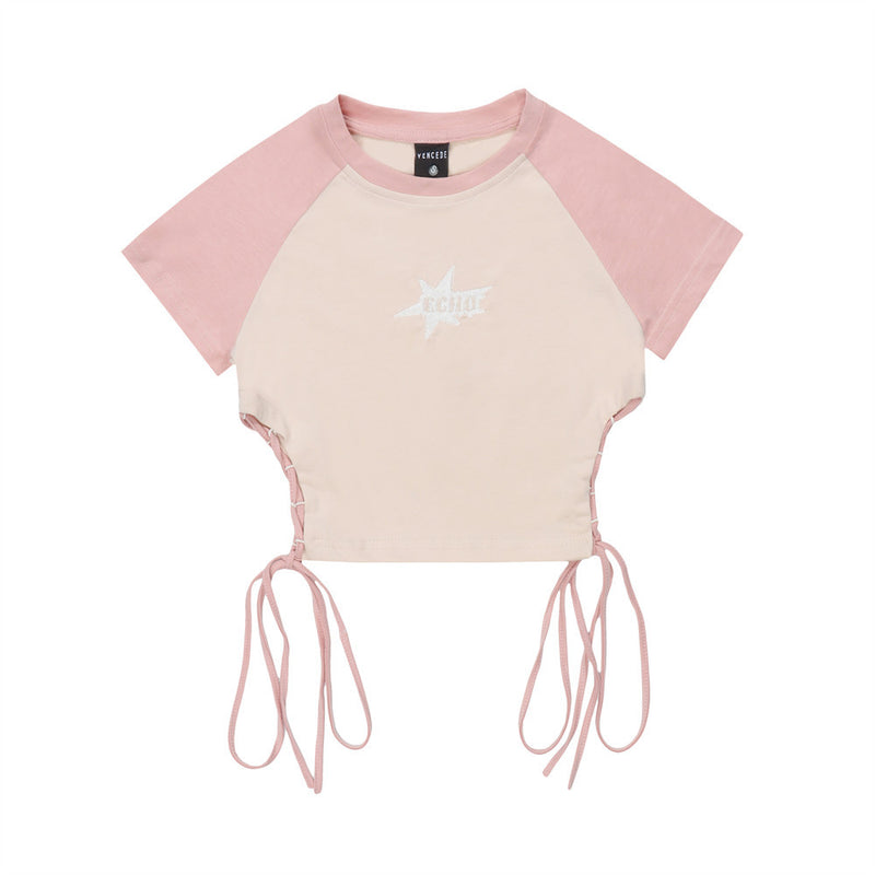 Women T-shirt Color Matching Short T-shirt Summer Embroidered Short Sleeve Top
