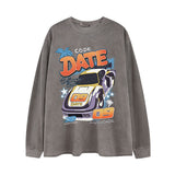 Men Long Sleeve Shirt Vintage Printed Washed Loose Long Sleeve T-shirt Men and Women Couple