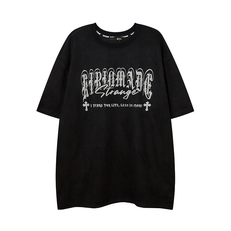 Men T Shirt Suede Gothic Letter Print Hiphop Short Sleeve T-shirt