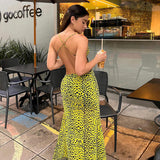 Jungle Print Maxi Dress Sexy Backless Spaghetti Straps Dress