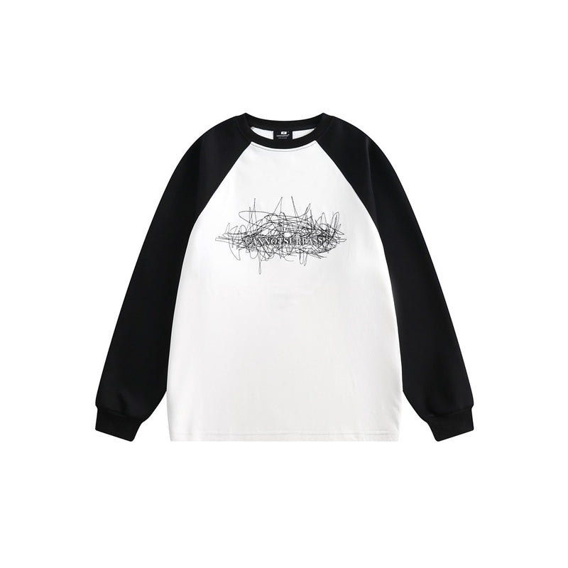 Unisex Hoodie Vintage Embroidered Raglan Sleeve Crew Neck Pullover Sweatshirt