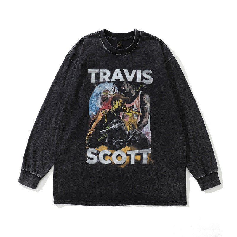 Men Long Sleeve Shirt Vintage Print Head Washed and Worn Long Sleeve T-shirt Autumn Sweater