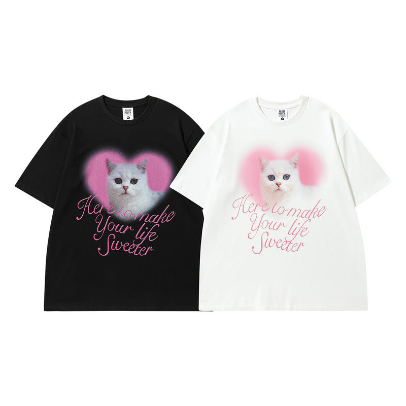 Men T Shirt Vintage Kitten Print Short Sleeve T-shirt Men and Women Ins Couple Vintage