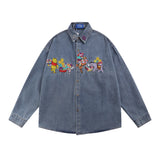 Men Long Sleeved T Shirt Animal Embroidery Denim Shirt Jacket Spring and Autumn Men's Ins Casual Long Sleeve